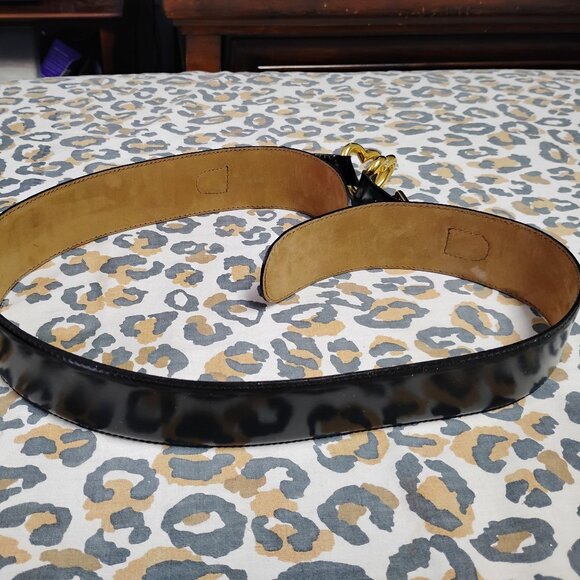 ❤️MOSCHINO GOLD 2 HEART BUCKLES Black Patent Leather Belt Sz 48 32/36 - Picture 5 of 7